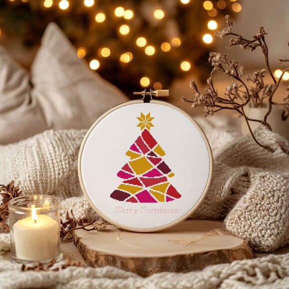Pink Retro Christmas Tree Merry Christmas Counted Cross Stitch Kit - Picture 3 of 5